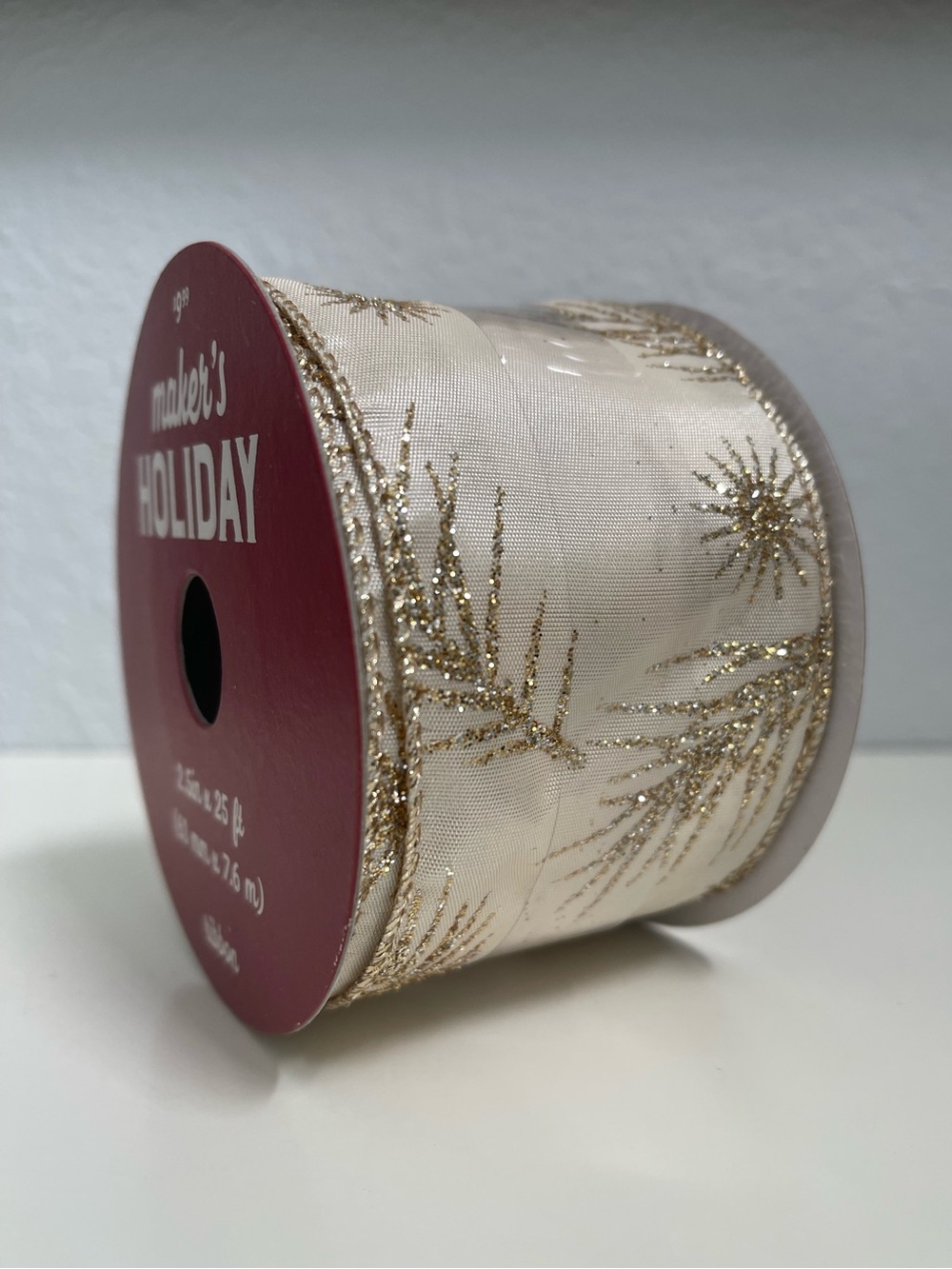 Ribbon Gold Pine Glitter 2.5in Wide 25ft Wire Edge Christmas Winter Wreath DIY